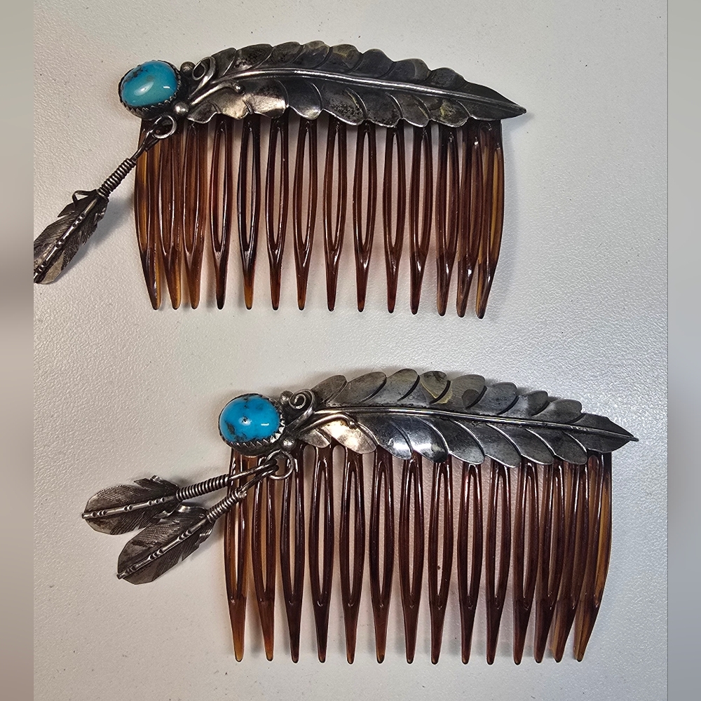 Vintage Navajo Pair of Turquoise & Sterling Silver Hair Combs w/ Silver Feathers